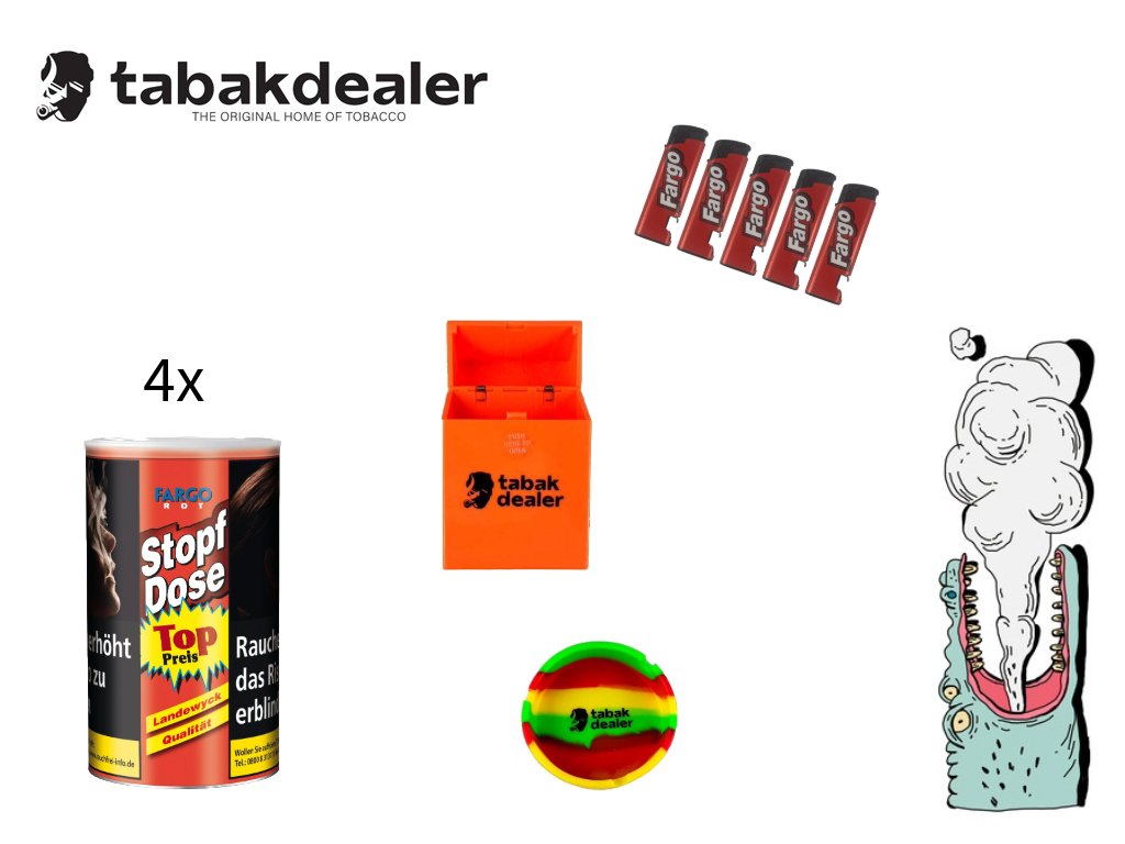 4x Fargo Stopf Dose 122g + 5 Reibrad Feuerzeuge + Tabakdealer Aschenbecher & Etui 